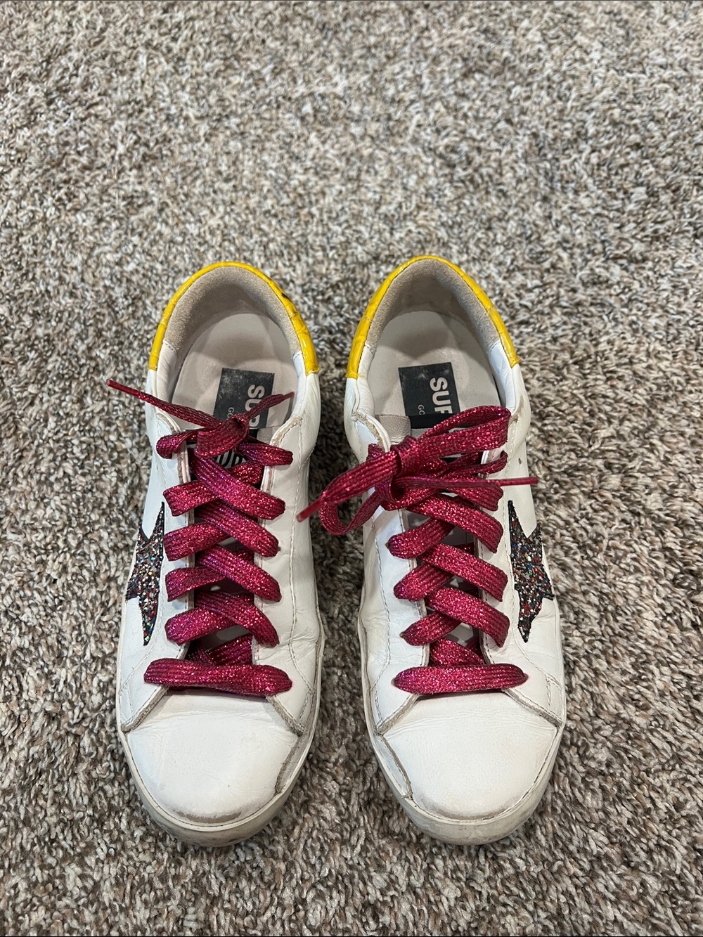 Golden Goose White Leather Sneakers with Pink Glitter Laces and Yellow Heel